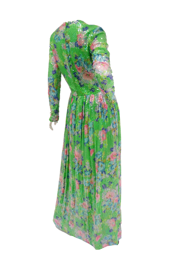 1970s Harold Levine Fully Sequined Green and Pink Floral Maxi Dress