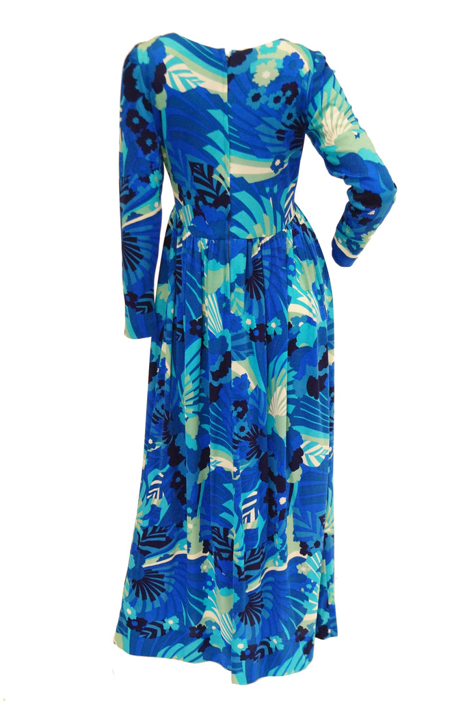 1970s Victor Costa Funky Blue Floral Knit Maxi Dress