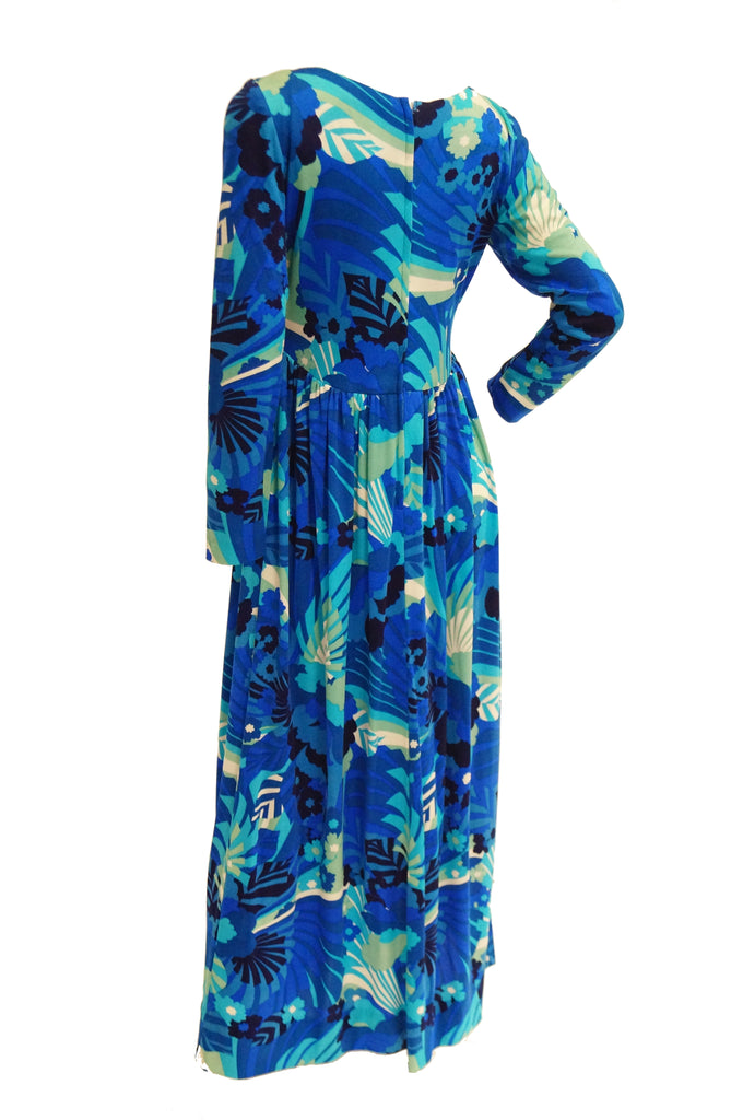 1970s Victor Costa Funky Blue Floral Knit Maxi Dress