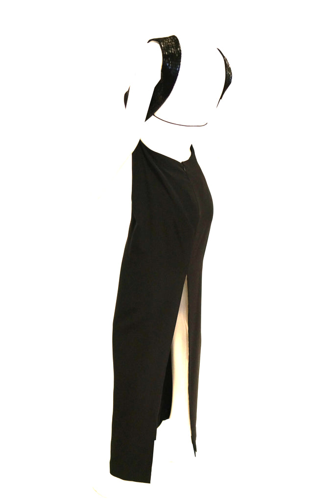 1990s Richard Tyler Couture Black Silk & Sequin Plunge Back Dress