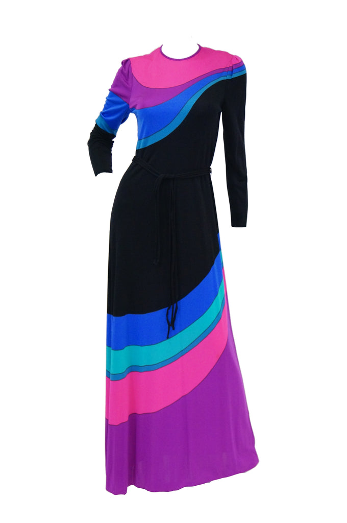 1970s Louis Feraud Vibrant Graphic Pink Blue and Black Swirl Knit Maxi Dress