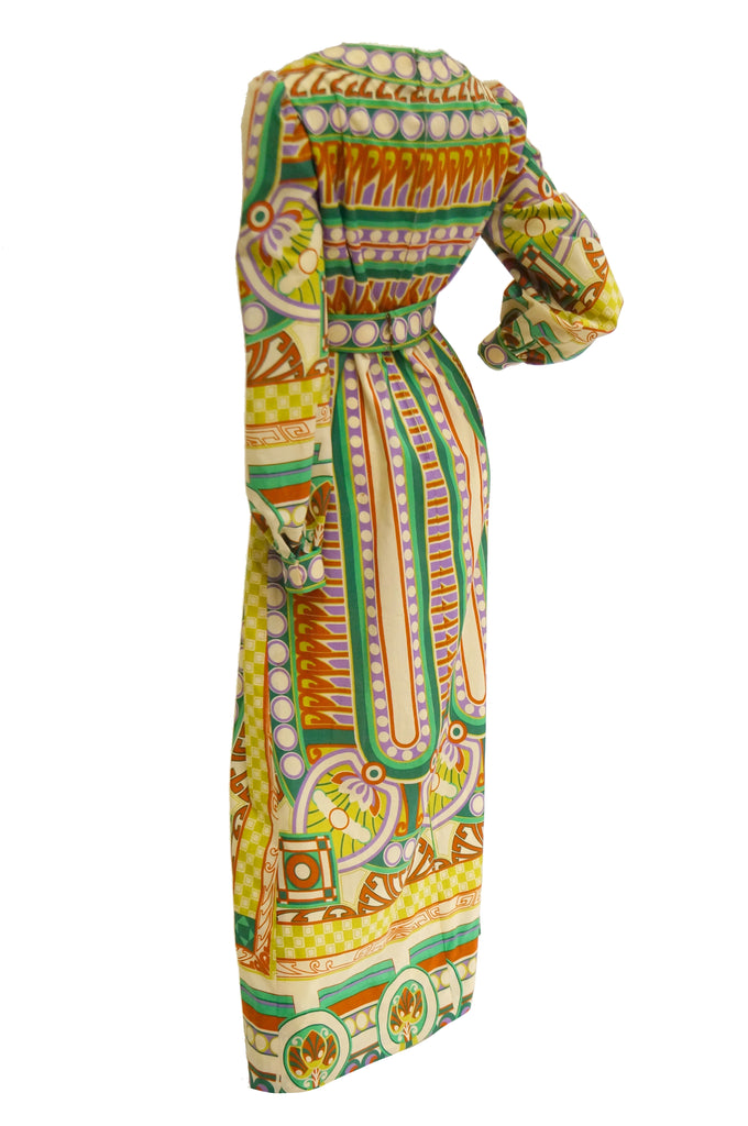 1960s Malcolm Starr Deco Floral Maxi Dress in Green & Yellow