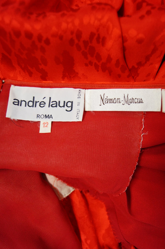 1980s Andre Laug Red Silk Snakeskin Print Dress