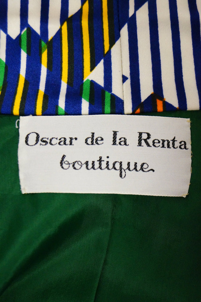 1970s Oscar de la Renta Green Plaid Satin & Knit Dress & Jacket Ensemble