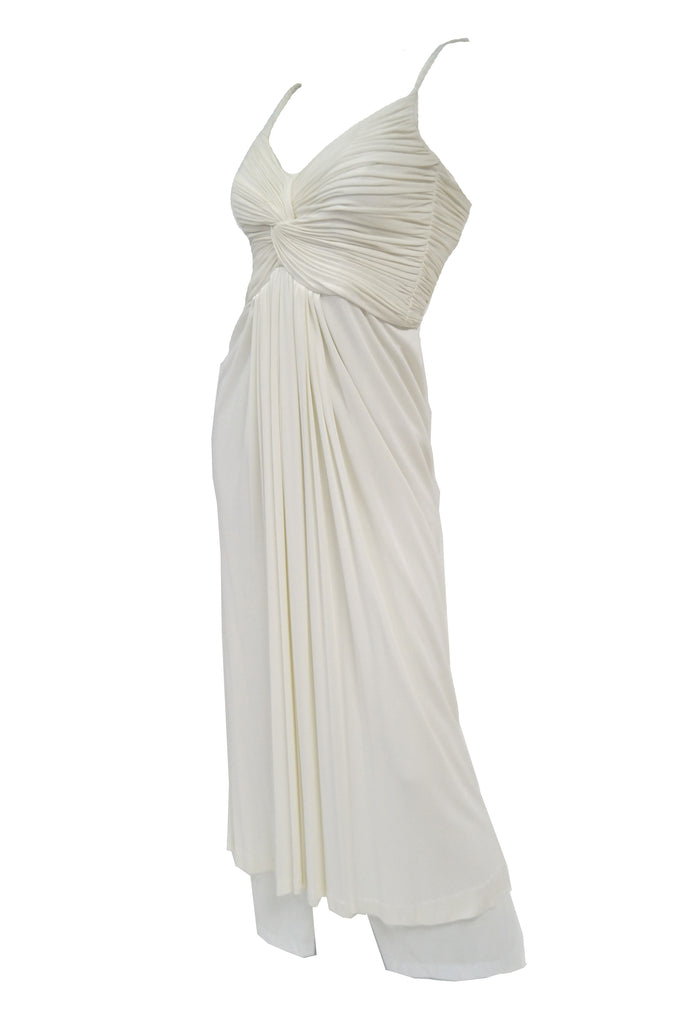 1970s Jill Richards White Knit Grecian Gown with Feather Trim Shawl