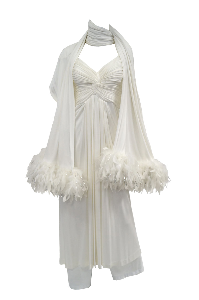 1970s Jill Richards White Knit Grecian Gown with Feather Trim Shawl