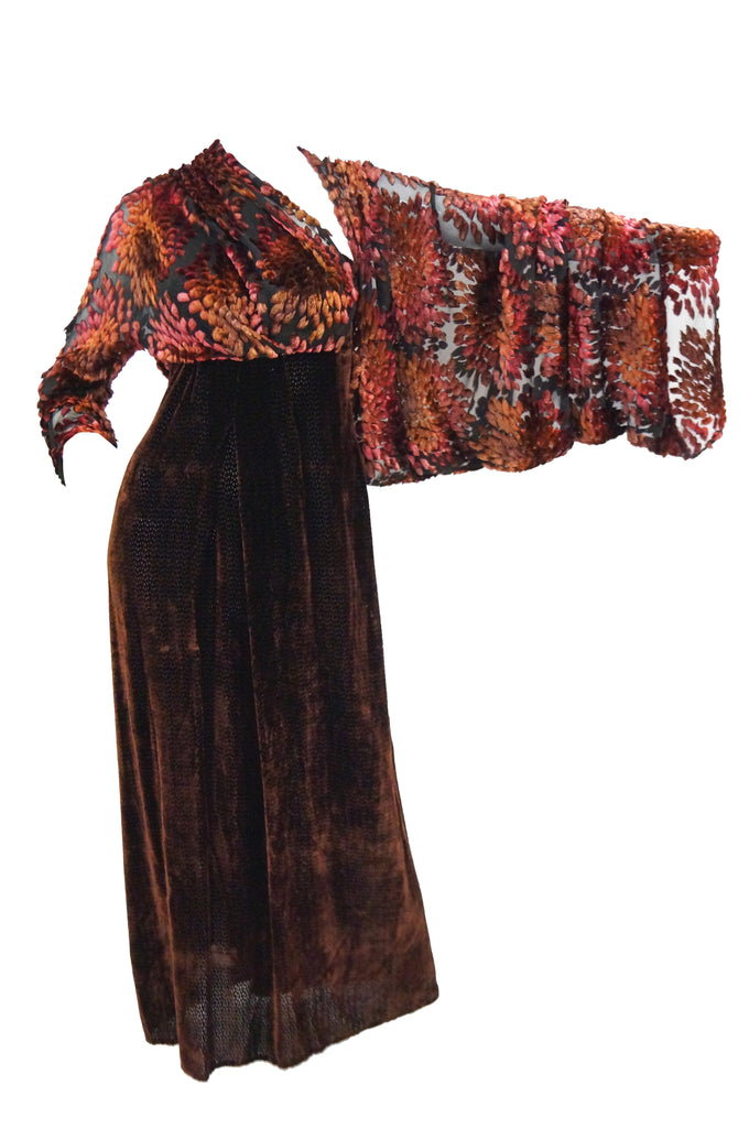 Barbara Bui Devore Red and Ochre Velvet Evening Dress with Wrap Kimono