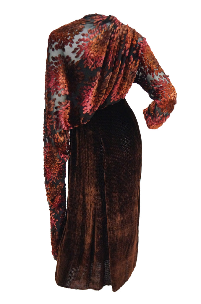 Barbara Bui Devore Red and Ochre Velvet Evening Dress with Wrap Kimono