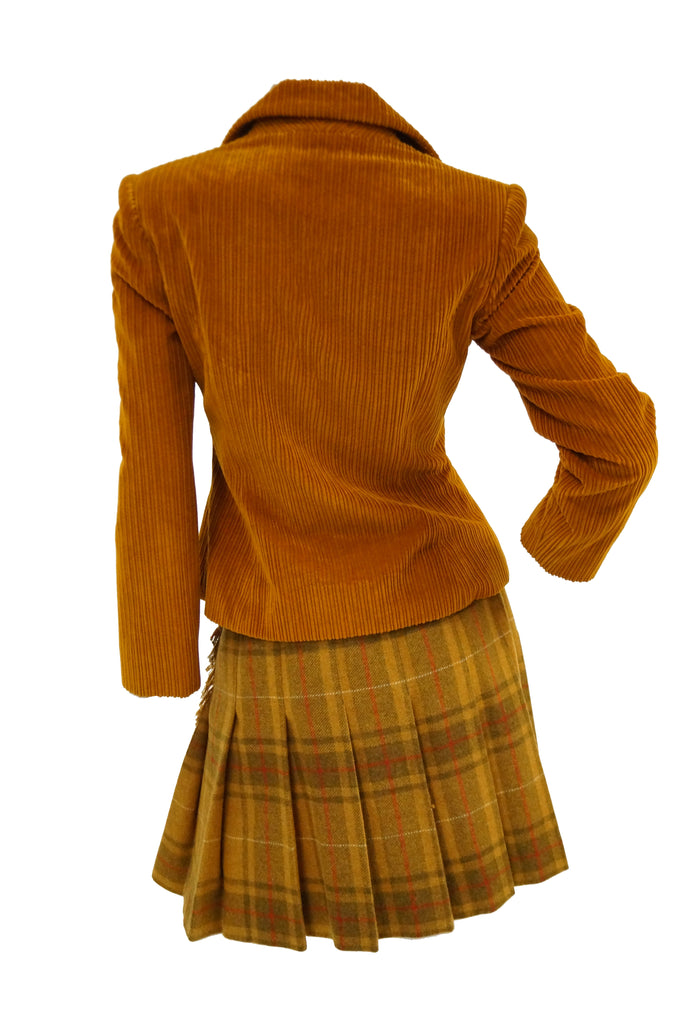 1970s Bill Blass Orange Corduroy and Plaid Pleated Skirt Suit