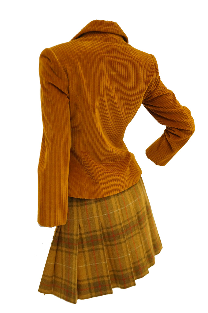 1970s Bill Blass Orange Corduroy and Plaid Pleated Skirt Suit