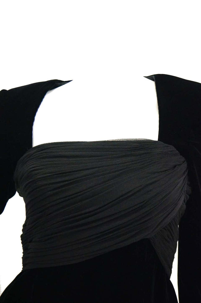 1980s Oscar De La Renta Black Velvet Cocktail Dress with / Ruched Detail