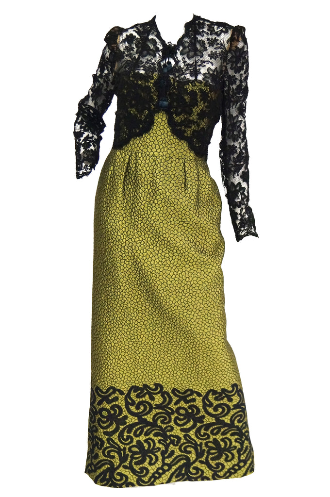 1980s Gorgeous Oscar de La Renta Gold Green “Dragon Scale” Brocade Dress