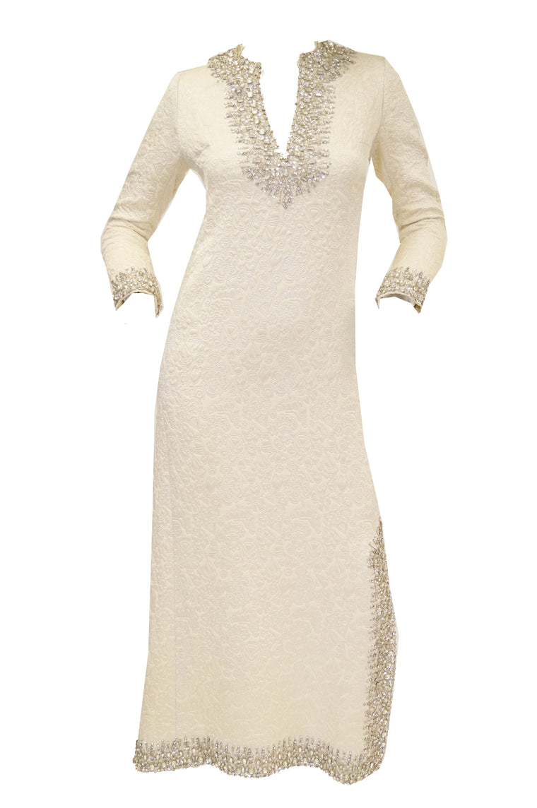 1960s Marie McCarthy for Larry Aldrich Ivory and Silver Sequin Evening Dress