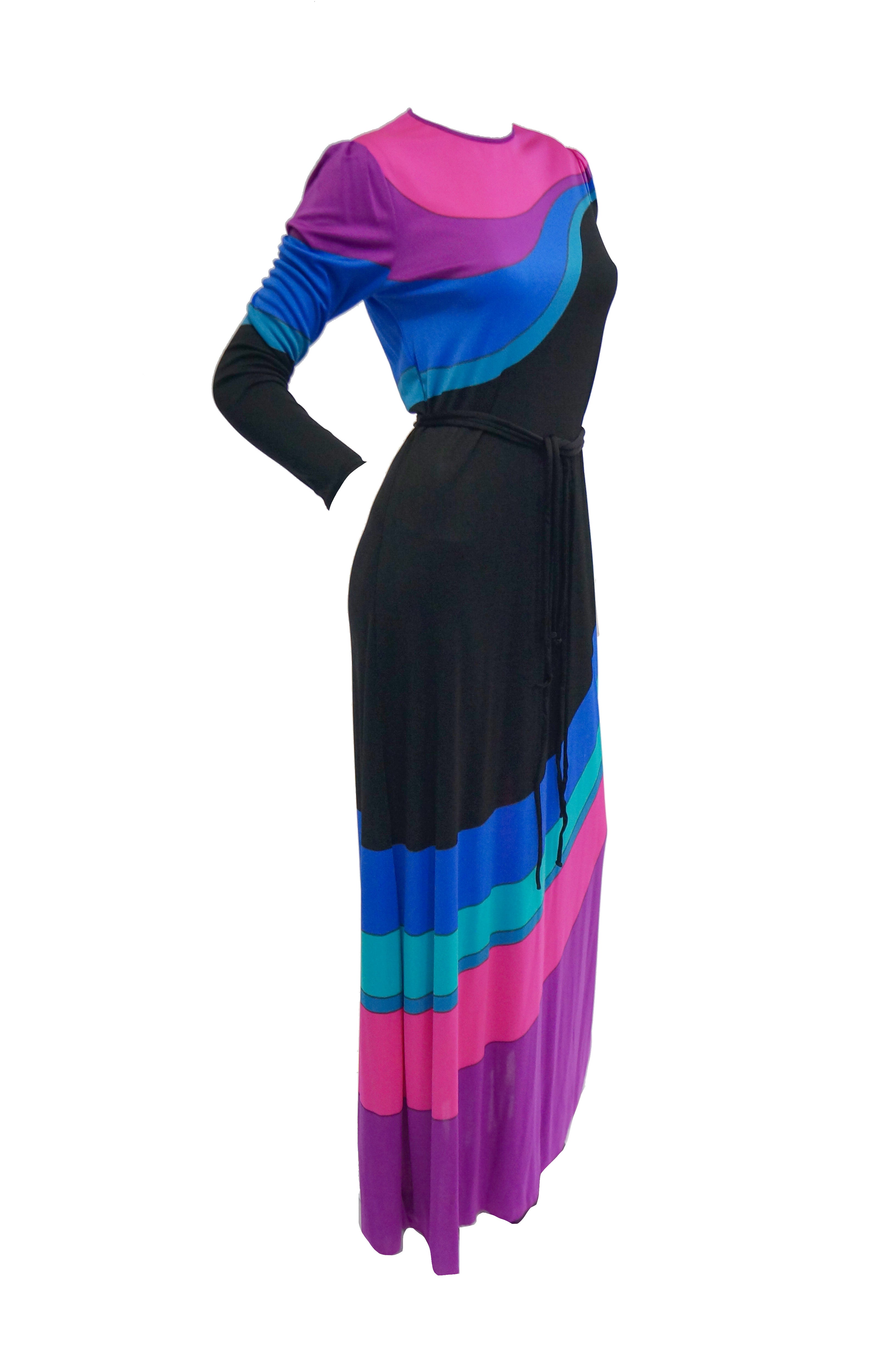 1970s Louis Feraud Vibrant Graphic Pink Blue and Black Swirl Knit Maxi -  MRS Couture