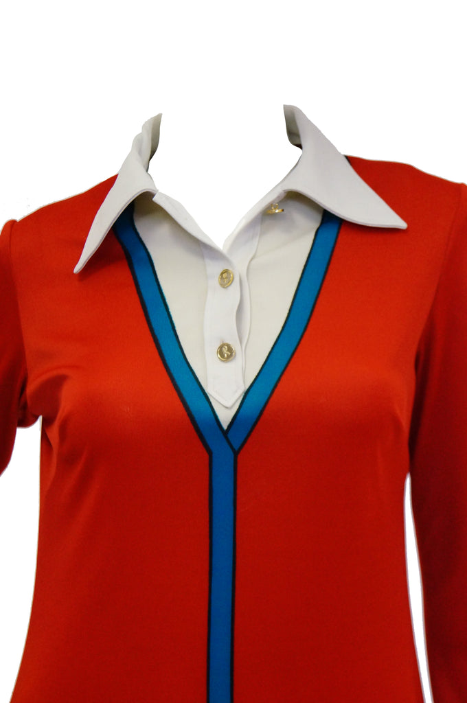 1970s Roberta di Camerino Red and Blue Trompe L'oeil  Midi Dress