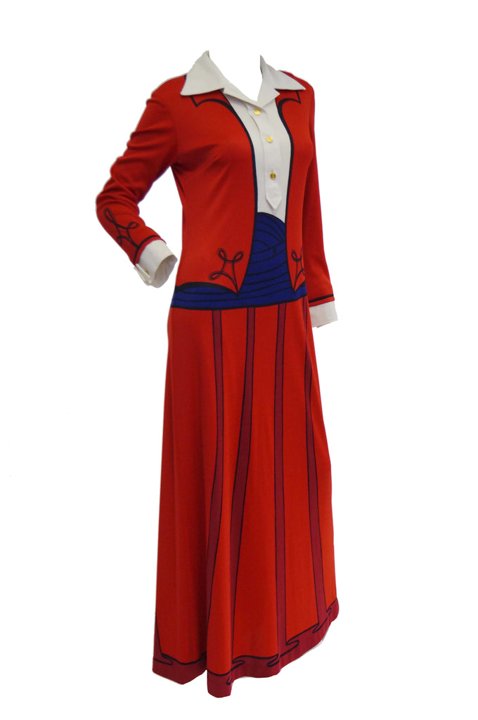 1970s Roberta di Camerino Red Trompe L'oeil Ensemble Maxi Dress