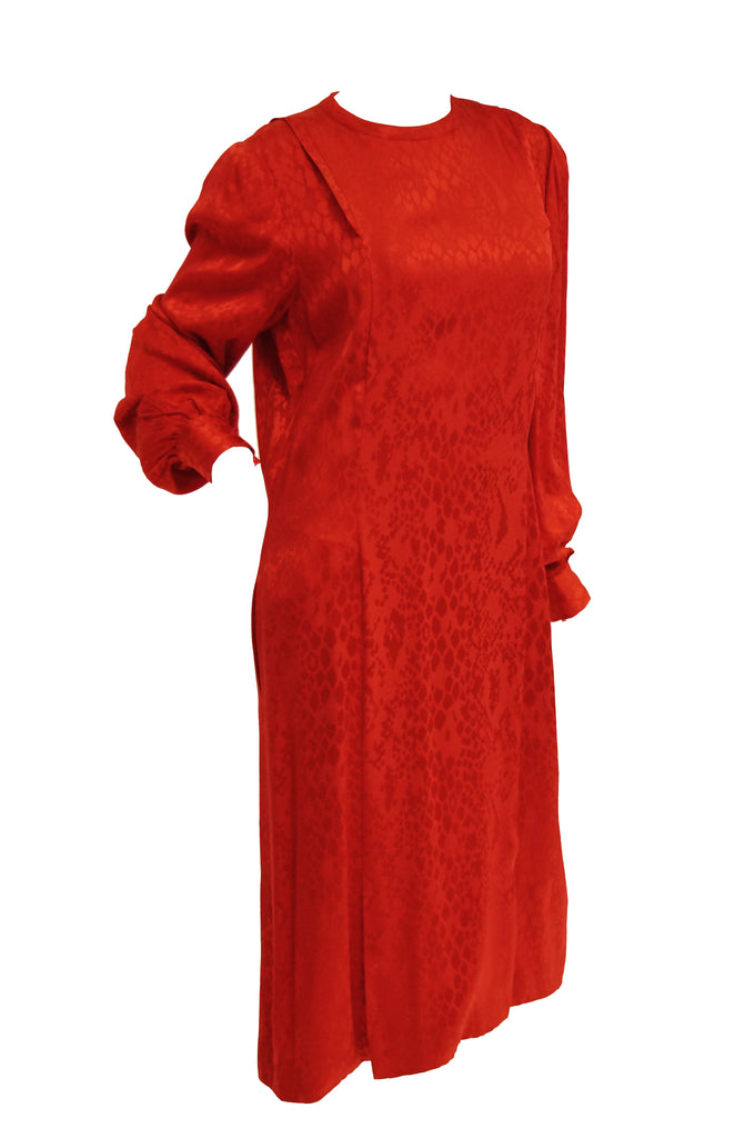 1980s Andre Laug Red Silk Snakeskin Print Dress