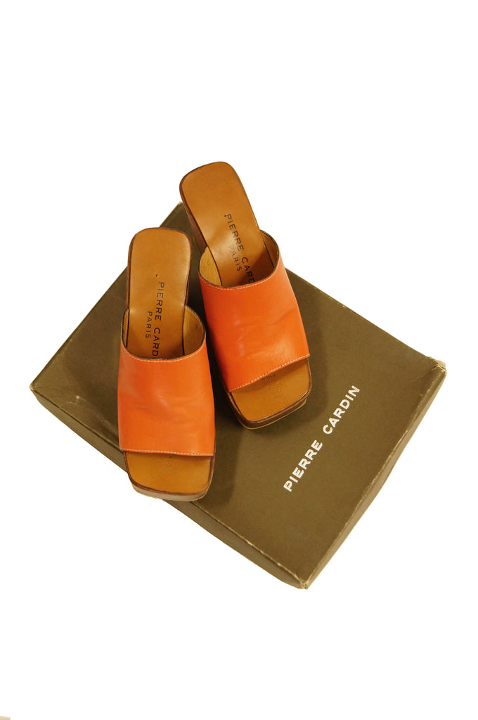 1970s Pierre Cardin Orange Leather and Wood Platform Mules, Iconic