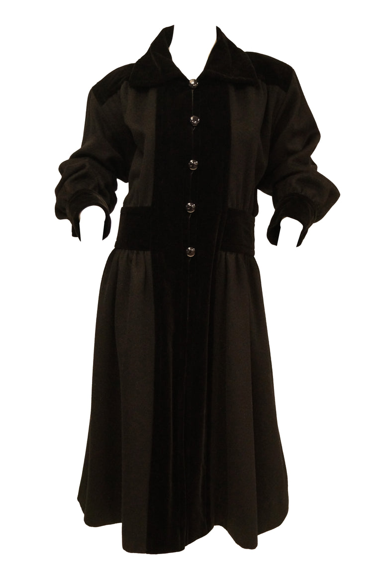1970s Yves Saint Laurent “Russian Collection” Wool w/ Velvet Black Coat L/XL