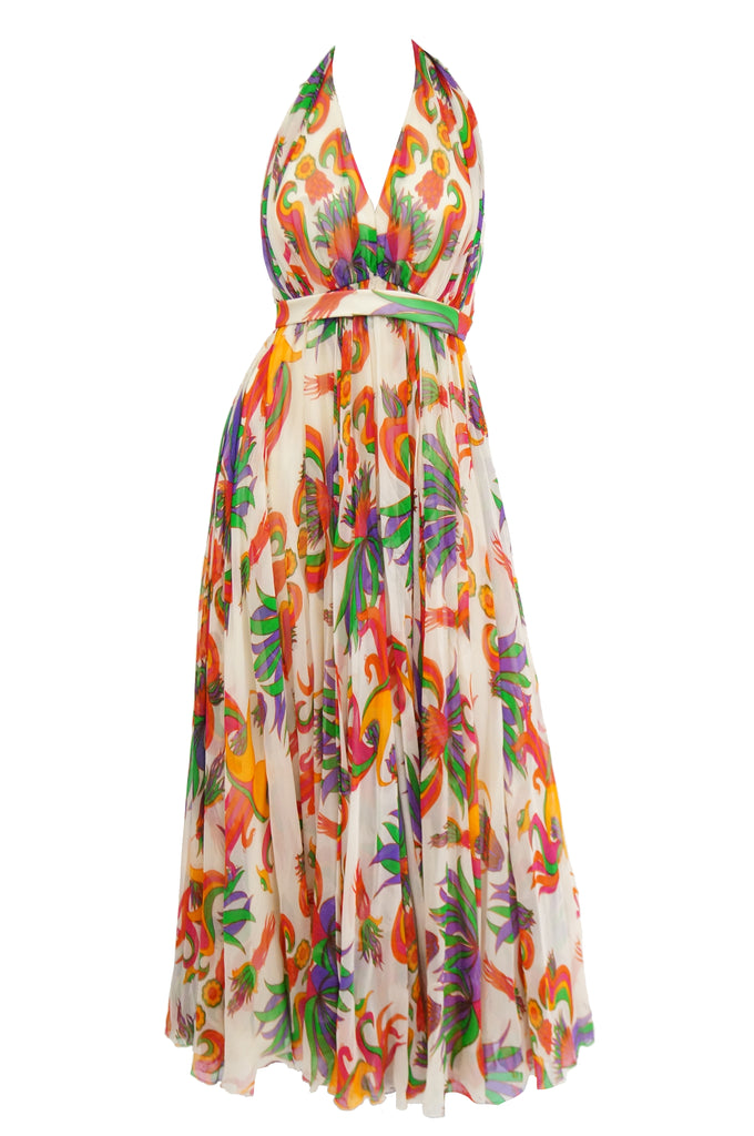1970s Neiman Marcus Floral Silk Chiffon Maxi Dress