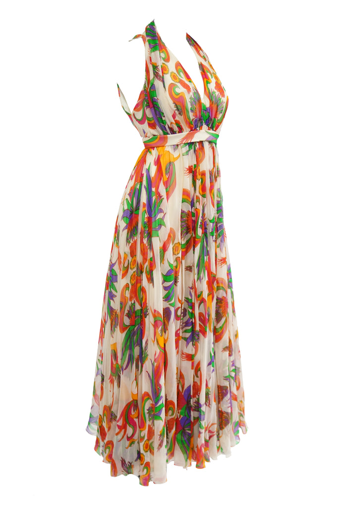 1970s Neiman Marcus Floral Silk Chiffon Maxi Dress