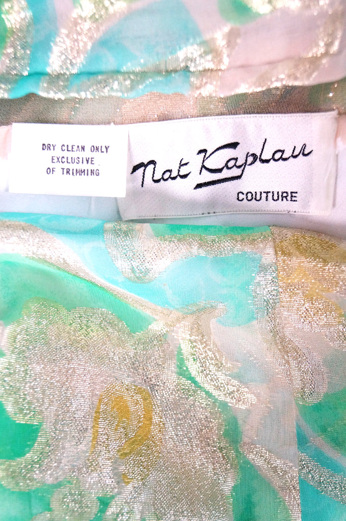 1960s Nat Kaplan Couture Green, Blue, and Gold Kaftan Dress