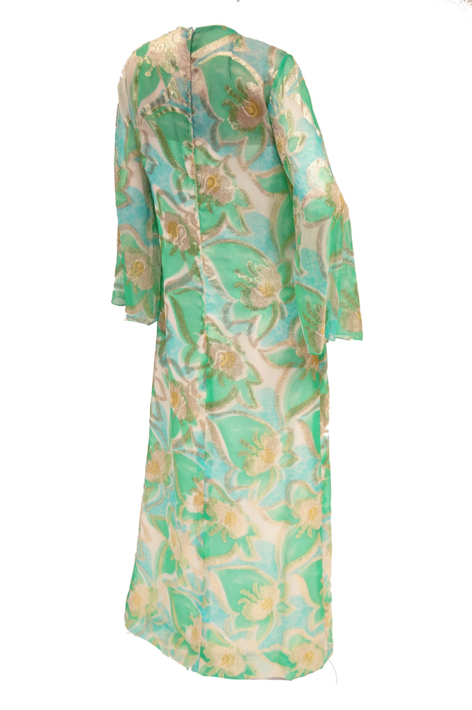 1960s Nat Kaplan Couture Green, Blue, and Gold Kaftan Dress