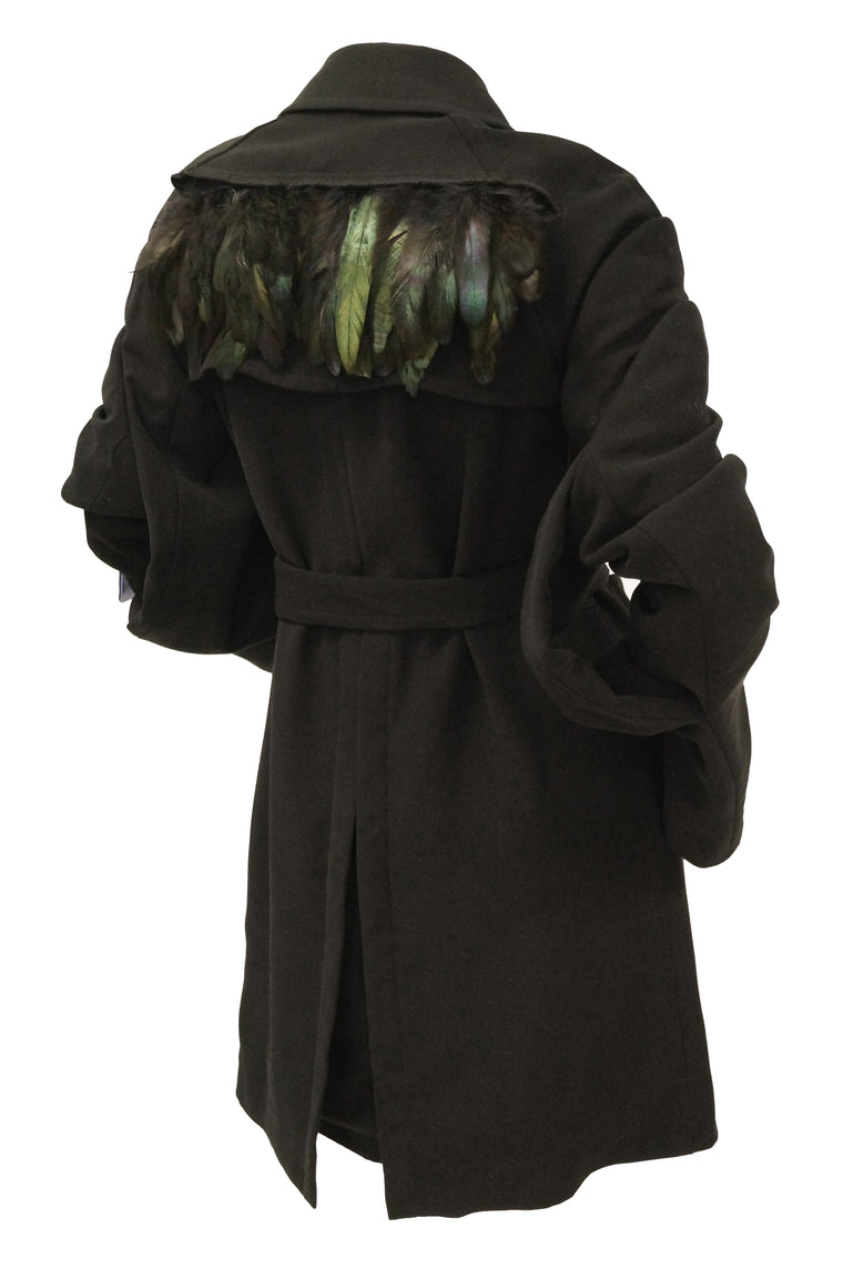 2000s Comme des Garçons Black Knit Trench Coat with Rooster Feather Detail