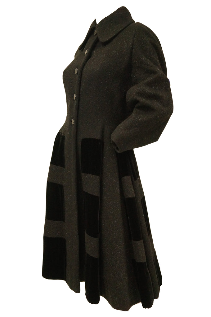 1950s Lilli Ann Black Mohair, Wool, and Velvet Blocked Princess Coat