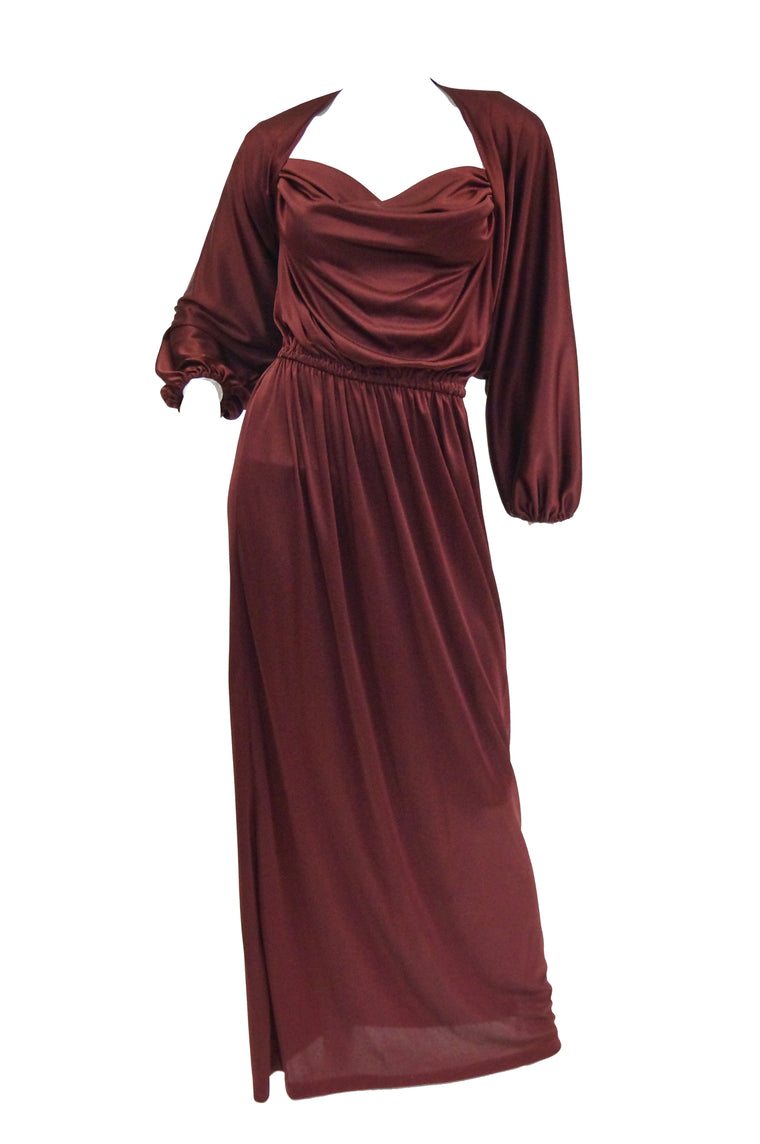 1970s Joy Stevens Tyrian Purple Draped Knit Evening Dress with Jacket