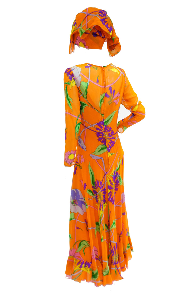 1970s Orange Floral Bias Cut Semi Sheer Dress with Oversized Shawl