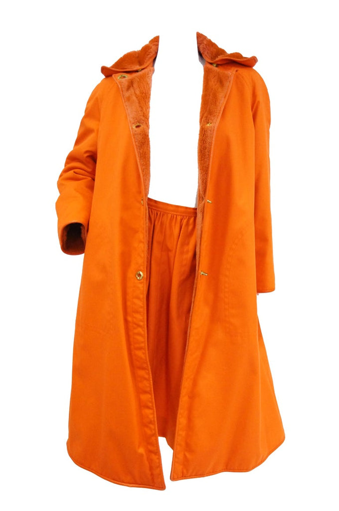 1960s Bonnie Cashin Tangerine Yellow Canvas and Leather Coat & Skirt Set