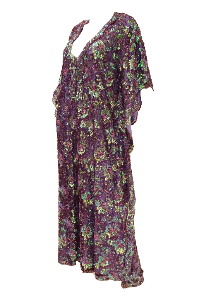 1970s Hand Embroidered Iridescent Floral Sequin Kaftan