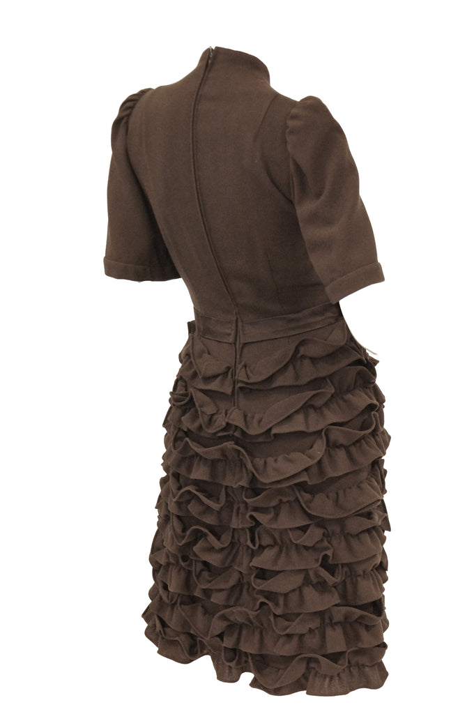 1960s Cardinali Chocolate Brown “Sample” Cocktail Dress w/ Scalloped Skirt
