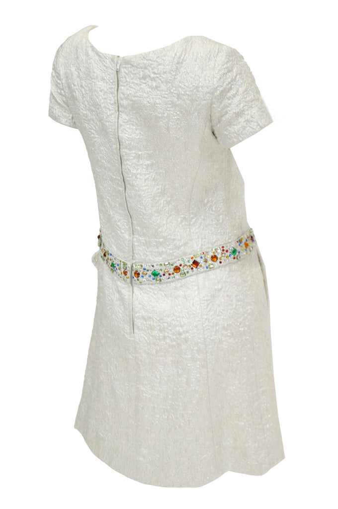 1960s B. Altman Silver Shift Cocktail Dress with Multicolor Rhinestone Belt