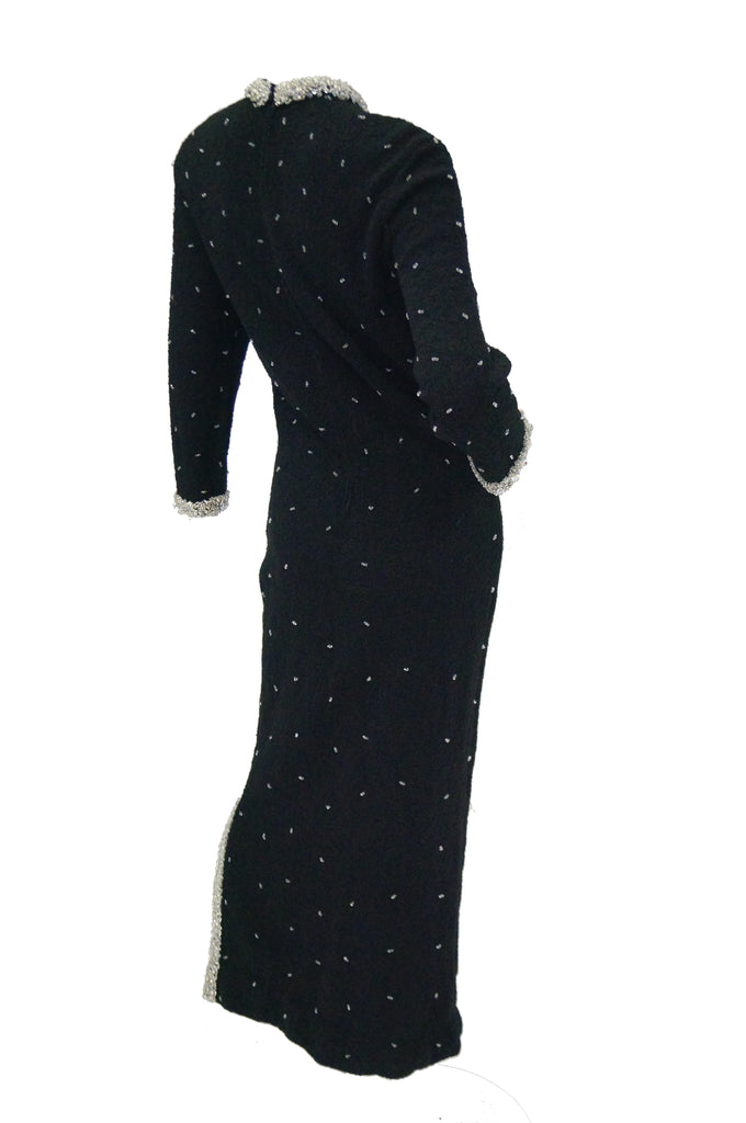 1960s Black Wool Knit Evening Dress Featuring Silver Glass Seed Bead Detail
