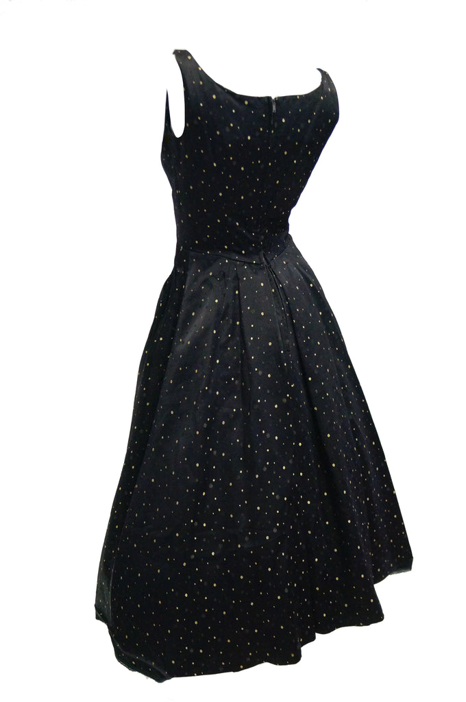 1950s Suzy Perette Black and Gold New Look Evening Dress with Shimmer Dot and