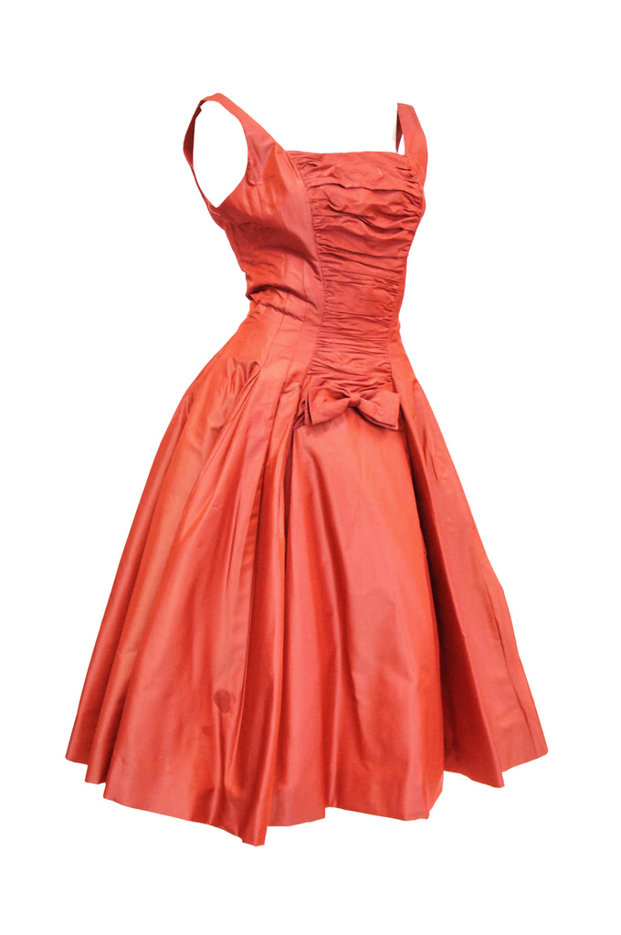 1950s Suzy Perette Red Charmeuse Satin New Look Evening Dress with Bow Detail