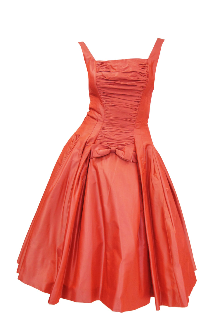1950s Suzy Perette Red Charmeuse Satin New Look Evening Dress with Bow Detail