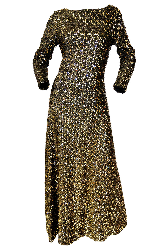 1970s Jill Richards Plunge Back Fully Sequined Black and Gold Evening Dress