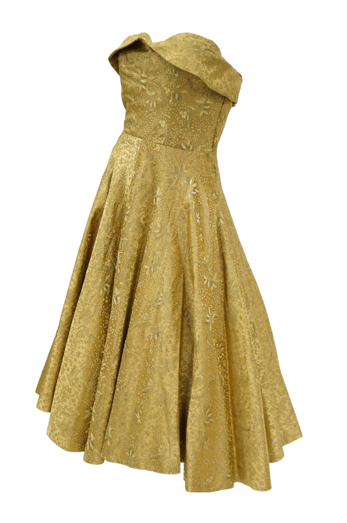 1950s Gold Floral & Peacock Brocade New Look Evening Dress