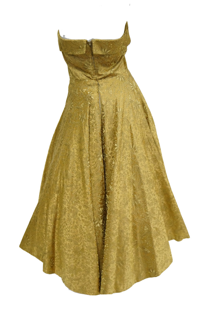 1950s Gold Floral & Peacock Brocade New Look Evening Dress