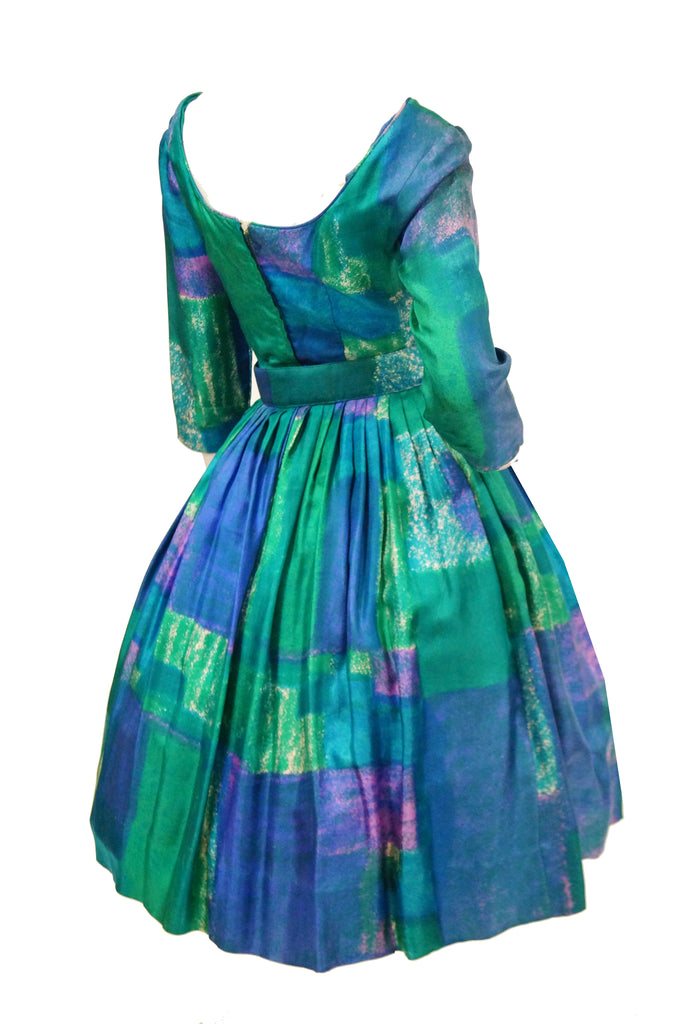 1950s Suzy Perette Blue and Green Geometric Watercolor New Look Cocktail Dress