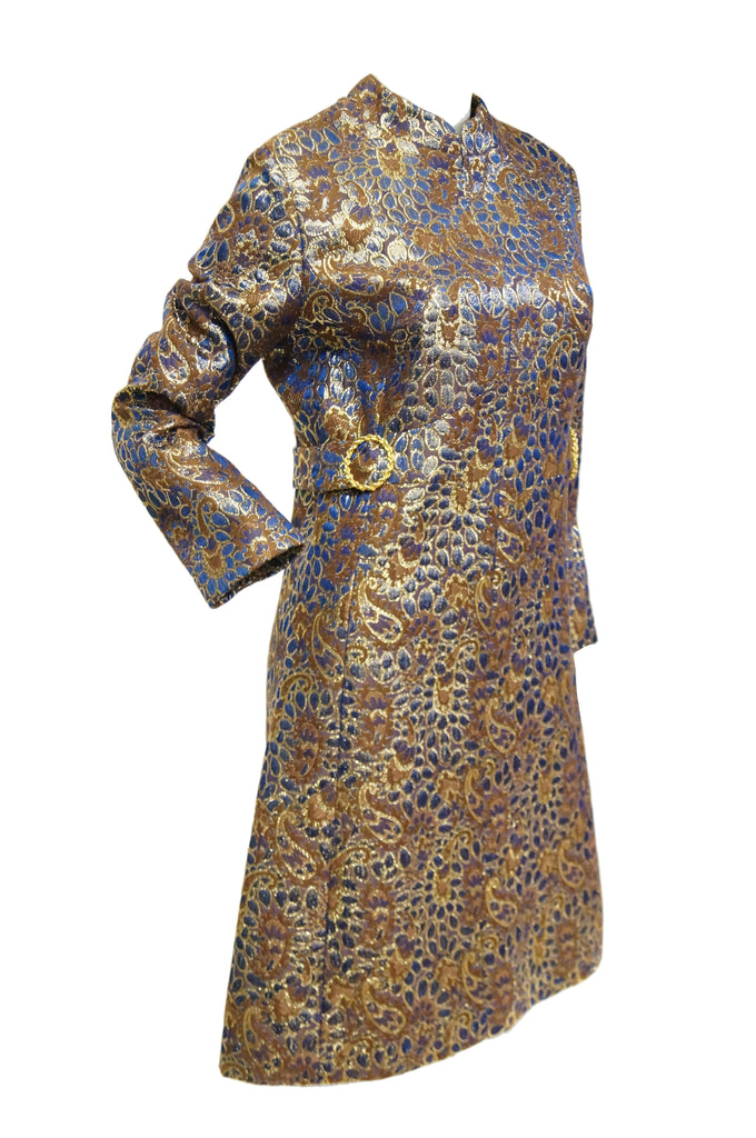 1960s Iridescent Blue and Brown Floral Brocade Mod Dress