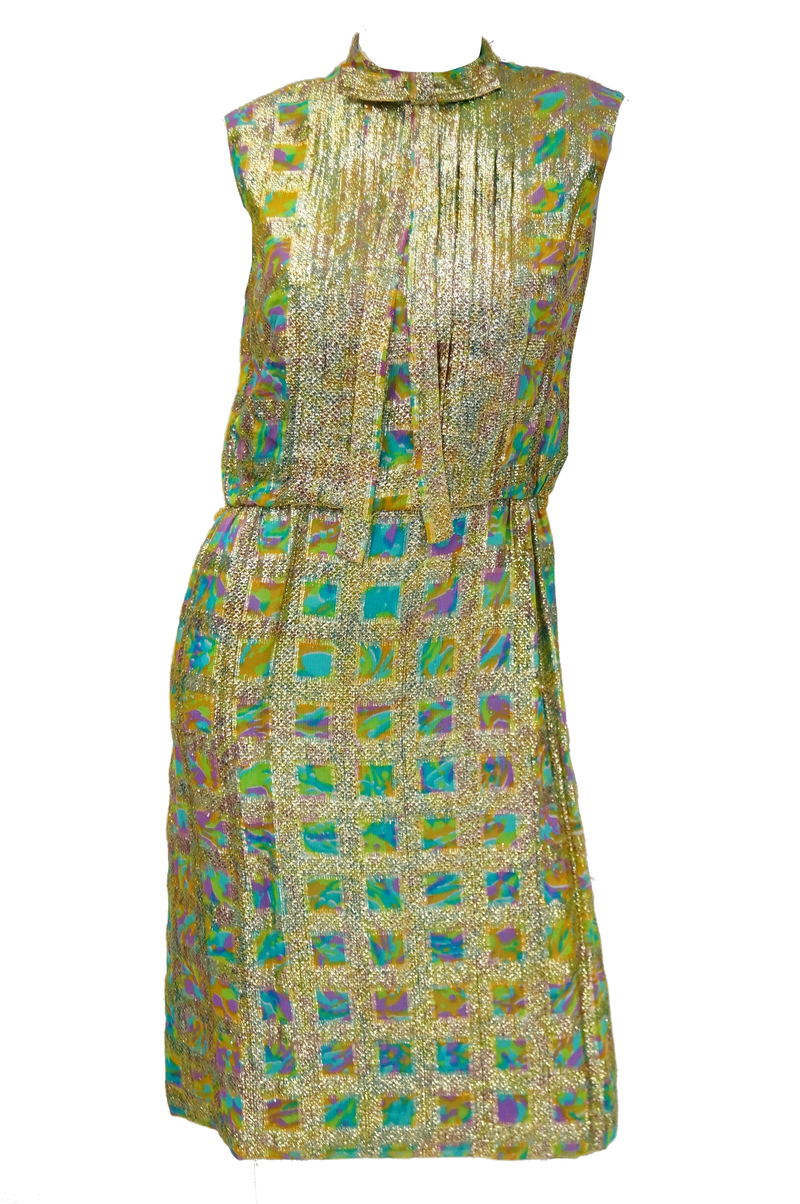 1960's Jean Louis Green, Orange, Blue and Silver Color Block Beaded Shift  Dress