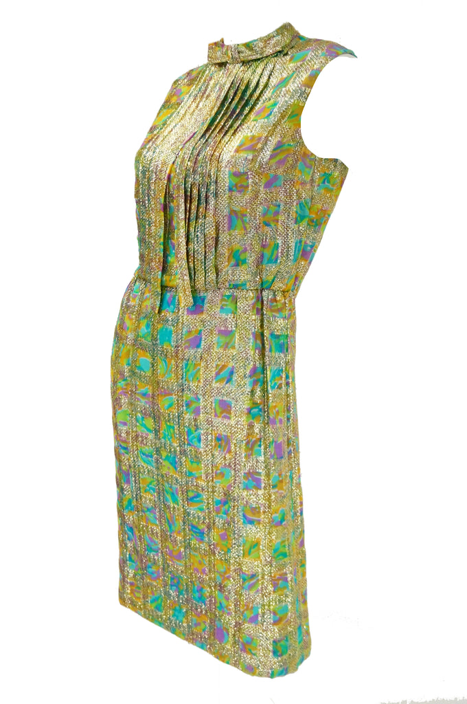 1960s Saks Fifth Avenue Blue & Gold Lame Psychedelic Swirl Cocktail Dress