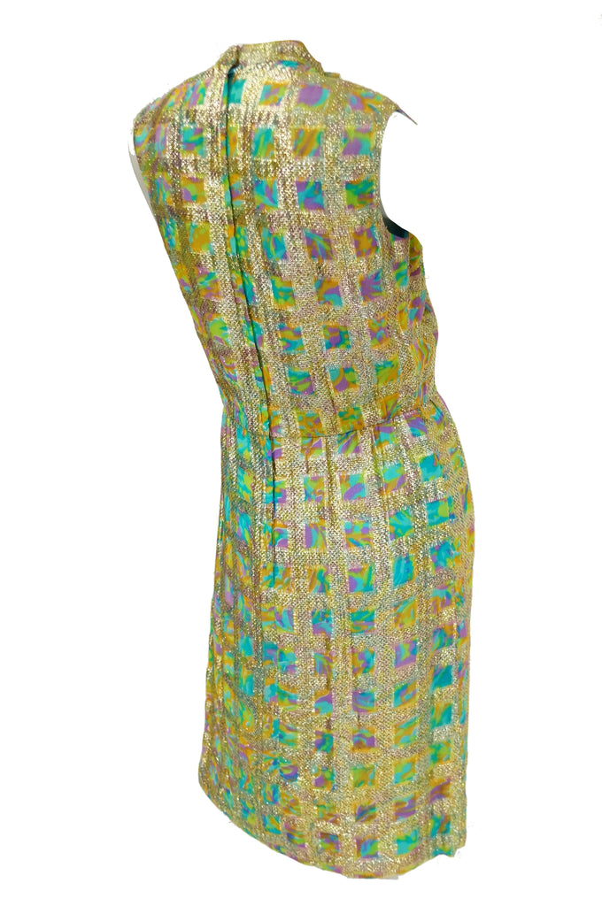 1960s Saks Fifth Avenue Blue & Gold Lame Psychedelic Swirl Cocktail Dress