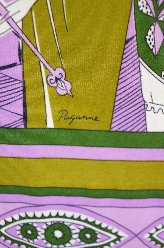 1960s Paganne Purple Art Deco Print Knit Dress