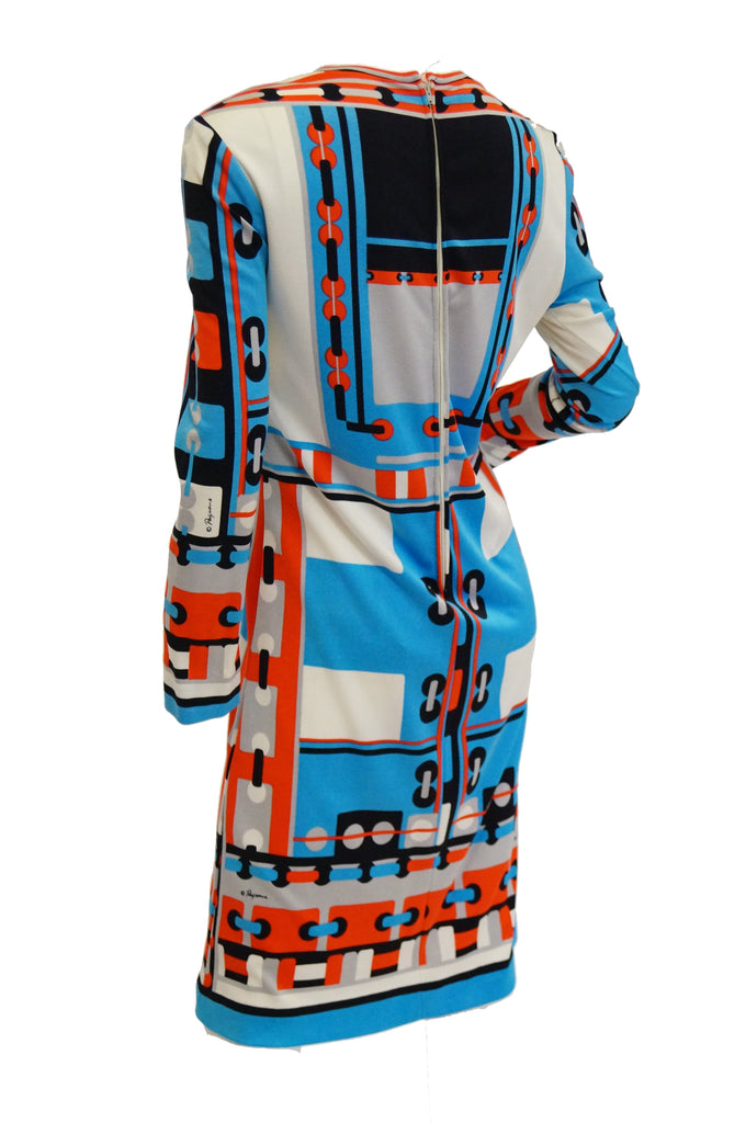 1960s Paganne Blue and Orange Geometric Graphic Knit Dress