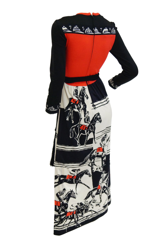 1960s Paganne Red and Black Racehorse Equestrian Print Maxi Dress
